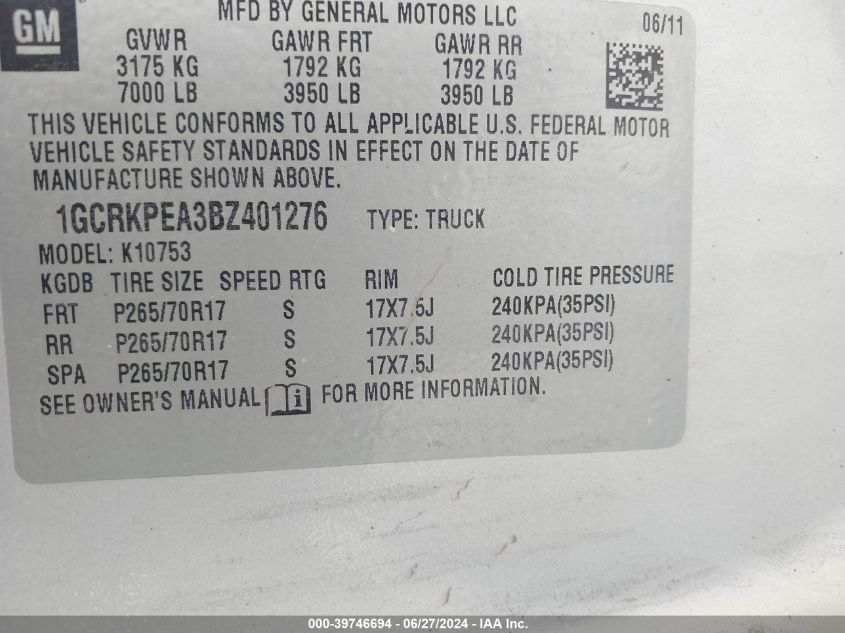 2011 Chevrolet Silverado 1500 Work Truck VIN: 1GCRKPEA3BZ401276 Lot: 39746694