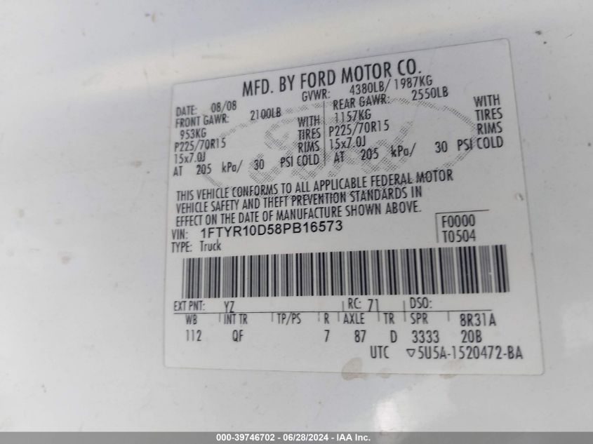 2008 Ford Ranger Xl/Xlt VIN: 1FTYR10D58PB16573 Lot: 39746702