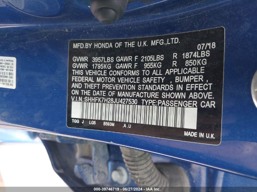 2018 Honda Civic Lx VIN: SHHFK7H28JU427530 Lot: 39746719
