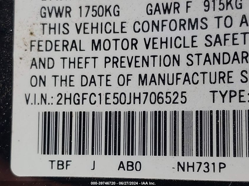 2018 Honda Civic Si VIN: 2HGFC1E50JH706525 Lot: 39746720
