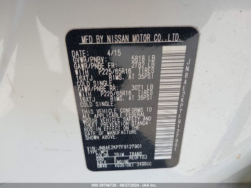 2015 Nissan Quest Sv VIN: JN8AE2KP7F9127901 Lot: 39746728