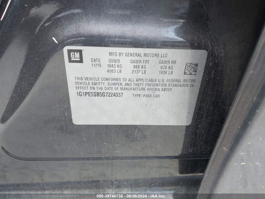 2016 Chevrolet Cruze Limited 1Lt Auto VIN: 1G1PE5SB5G7224337 Lot: 39746735