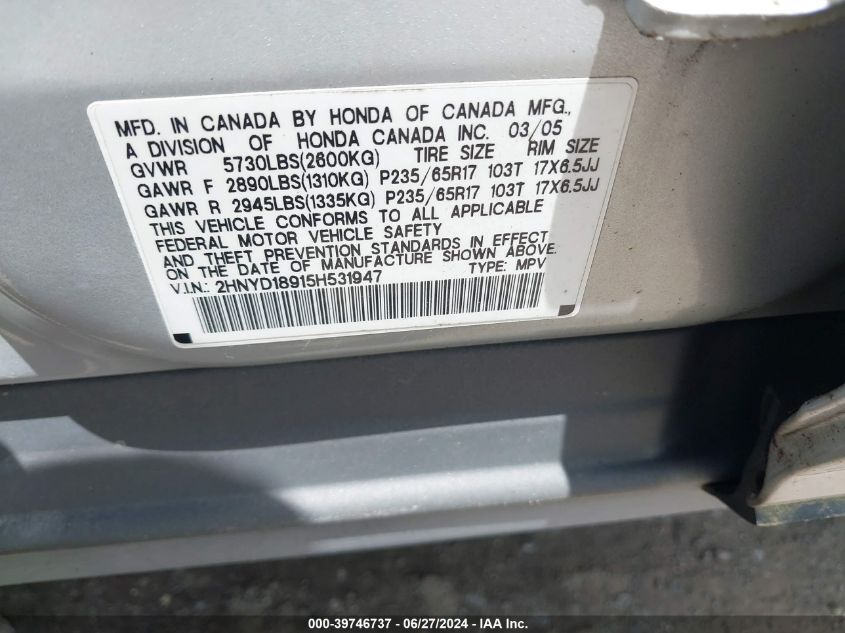 2005 Acura Mdx VIN: 2HNYD18915H531947 Lot: 39746737