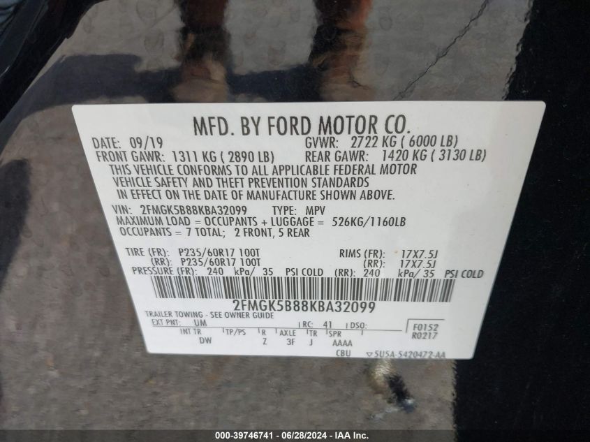 2019 Ford Flex Se VIN: 2FMGK5B88KBA32099 Lot: 39746741