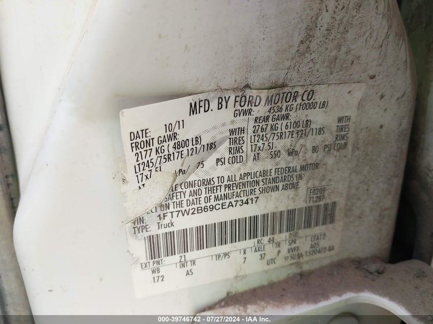 2012 Ford F-250 Xl VIN: 1FT7W2B69CEA73417 Lot: 39746742
