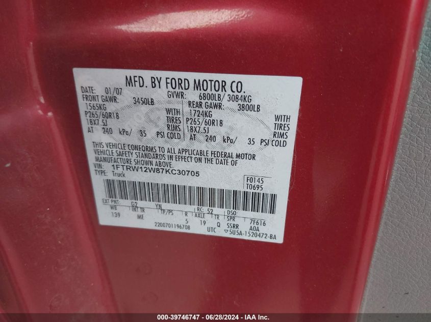 2007 Ford F-150 Xlt VIN: 1FTRW12W87KC30705 Lot: 39746747