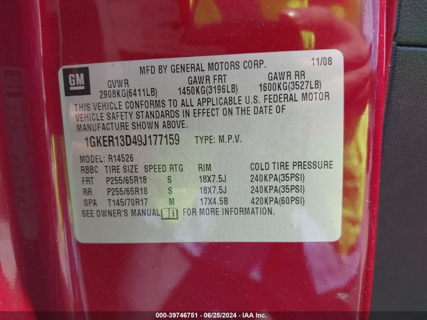 2009 GMC Acadia Sle-1 VIN: 1GKER13D49J177159 Lot: 39746751