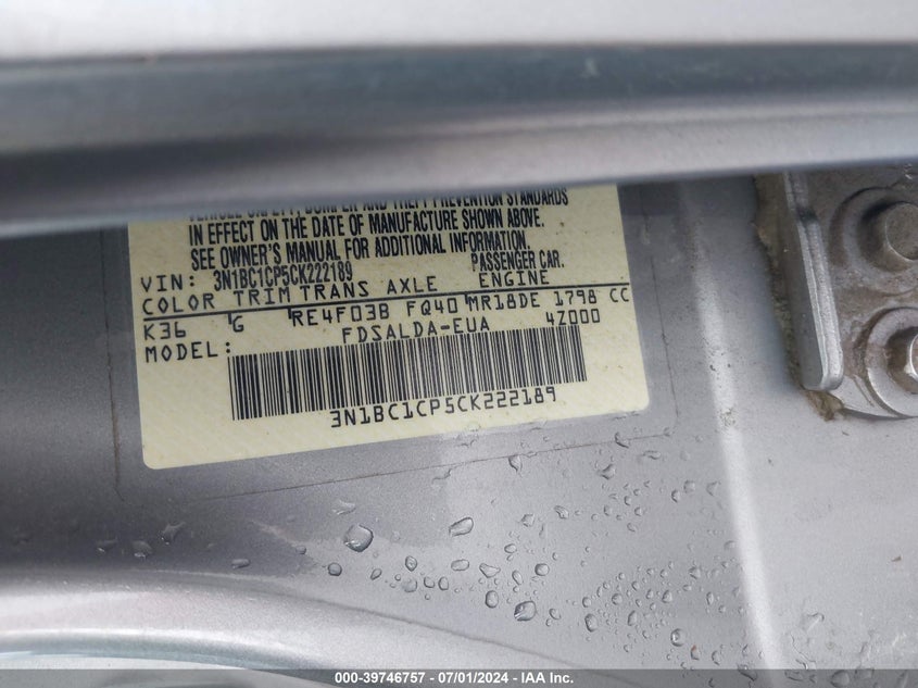 2012 Nissan Versa 1.8 S VIN: 3N1BC1CP5CK222189 Lot: 39746757