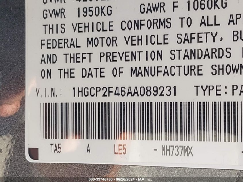 2010 Honda Accord 2.4 Lx-P VIN: 1HGCP2F46AA089231 Lot: 39746760