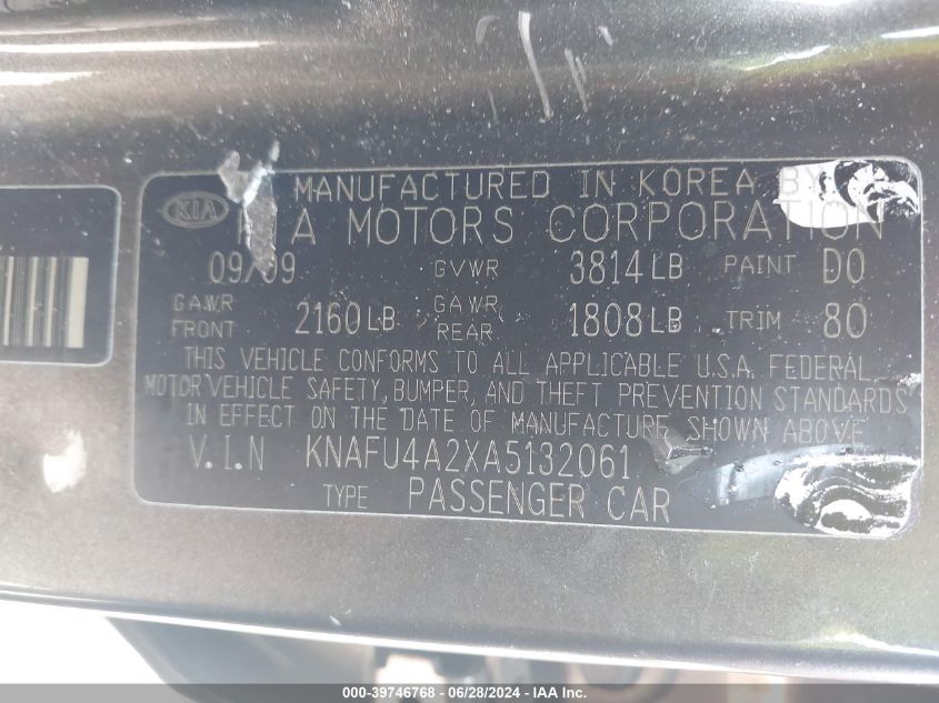 2010 Kia Forte Ex VIN: KNAFU4A2XA5132061 Lot: 39746768