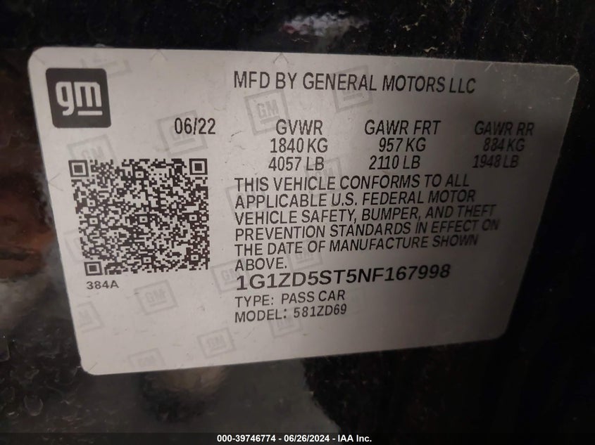 2022 Chevrolet Malibu Lt VIN: 1G1ZD5ST5NF167998 Lot: 39746774