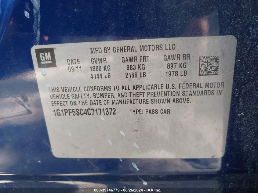 2012 Chevrolet Cruze 1Lt VIN: 1G1PF5SC4C7171372 Lot: 39746779