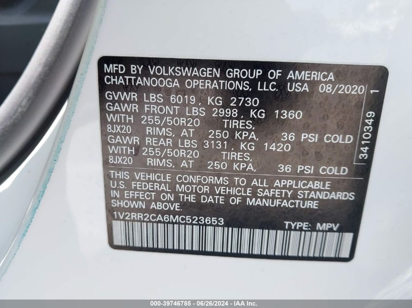 2021 Volkswagen Atlas 3.6L V6 Se W/Technology R-Line VIN: 1V2RR2CA6MC523653 Lot: 39746785