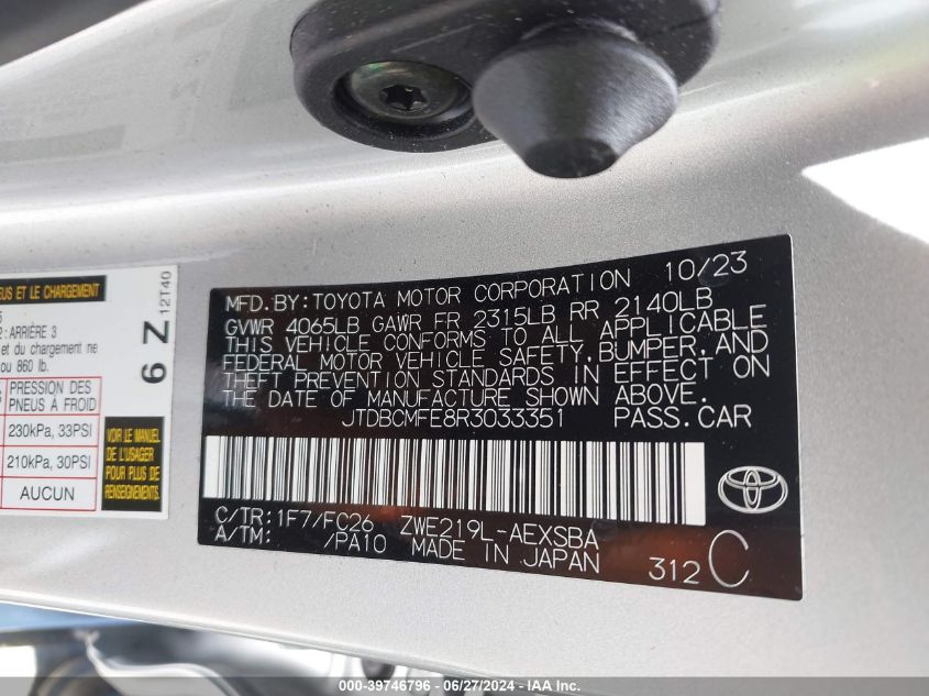 2024 Toyota Corolla Hybrid Se VIN: JTDBCMFE8R3033351 Lot: 39746796