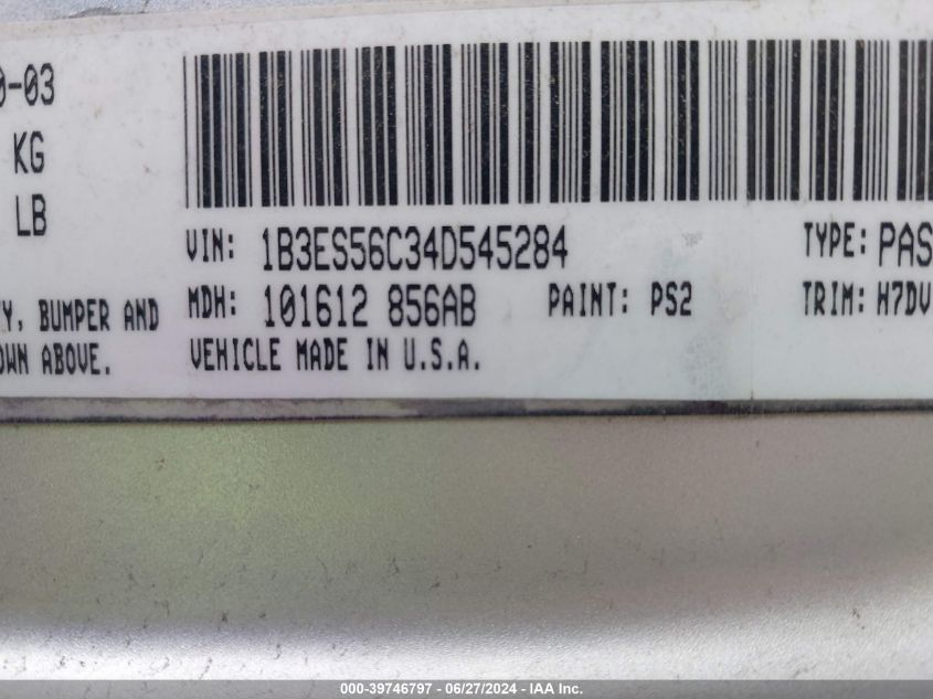 2004 Dodge Neon Sxt VIN: 1B3ES56C34D545284 Lot: 39746797
