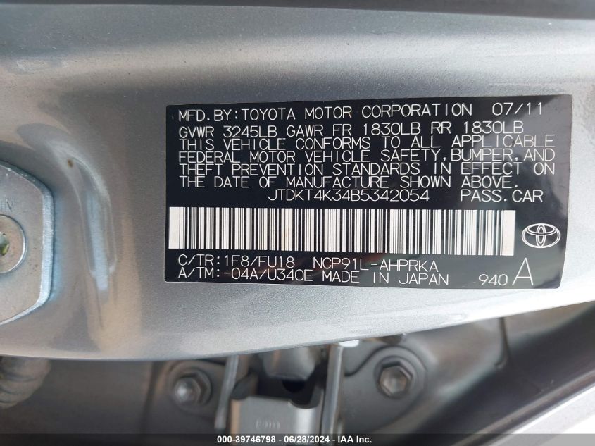 2011 Toyota Yaris VIN: JTDKT4K34B5342054 Lot: 39746798