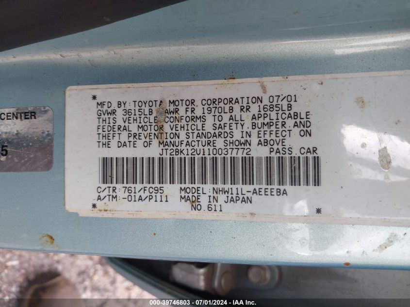 2001 Toyota Prius VIN: JT2BK12U110037772 Lot: 39746803