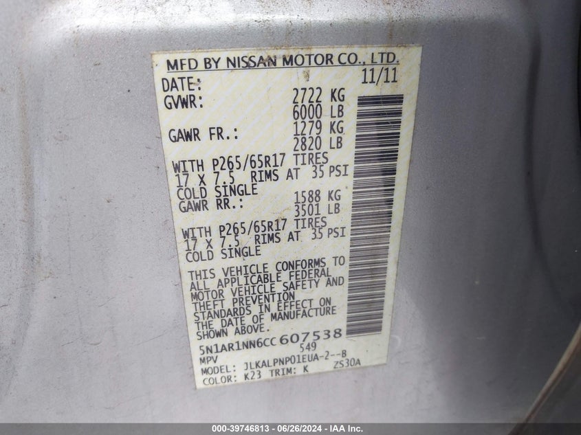 2012 Nissan Pathfinder S/Le/Se VIN: 5N1AR1NN6CC607538 Lot: 39746813