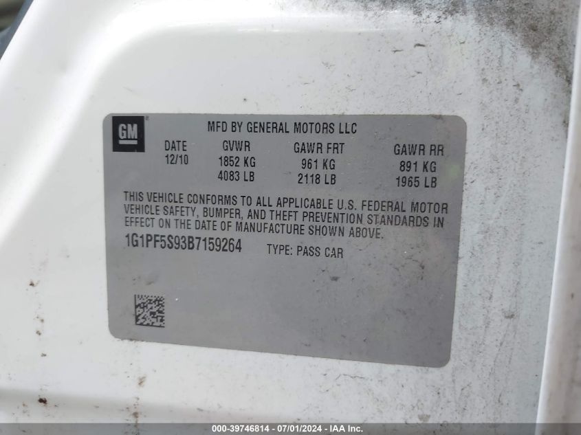 2011 Chevrolet Cruze 1Lt VIN: 1G1PF5S93B7159264 Lot: 39746814