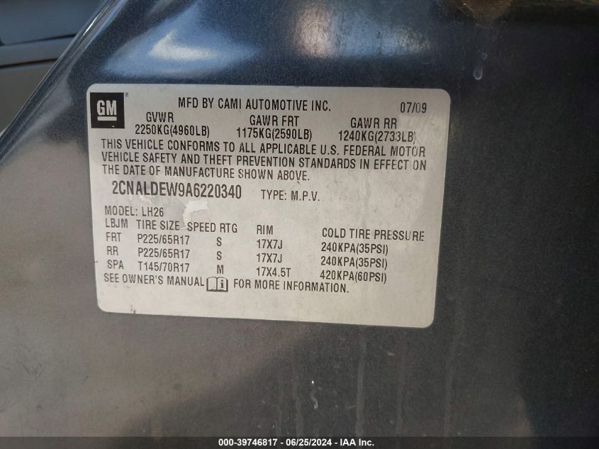 2010 Chevrolet Equinox Lt VIN: 2CNALDEW9A6220340 Lot: 39746817