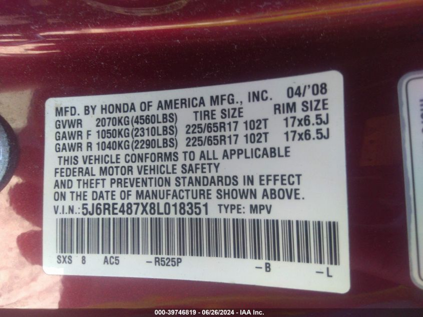 2008 Honda Cr-V Ex-L VIN: 5J6RE487X8L018351 Lot: 39746819