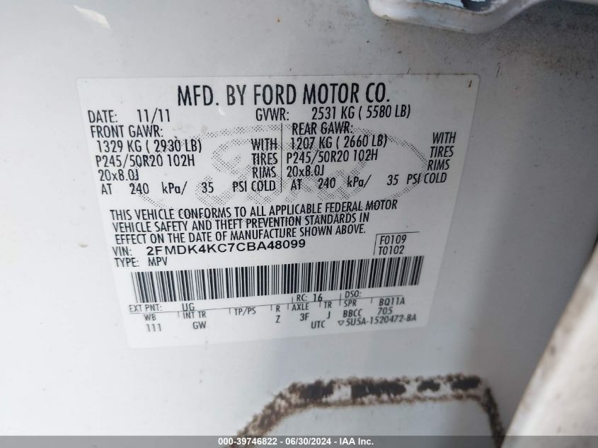 2012 Ford Edge Limited VIN: 2FMDK4KC7CBA48099 Lot: 39746822