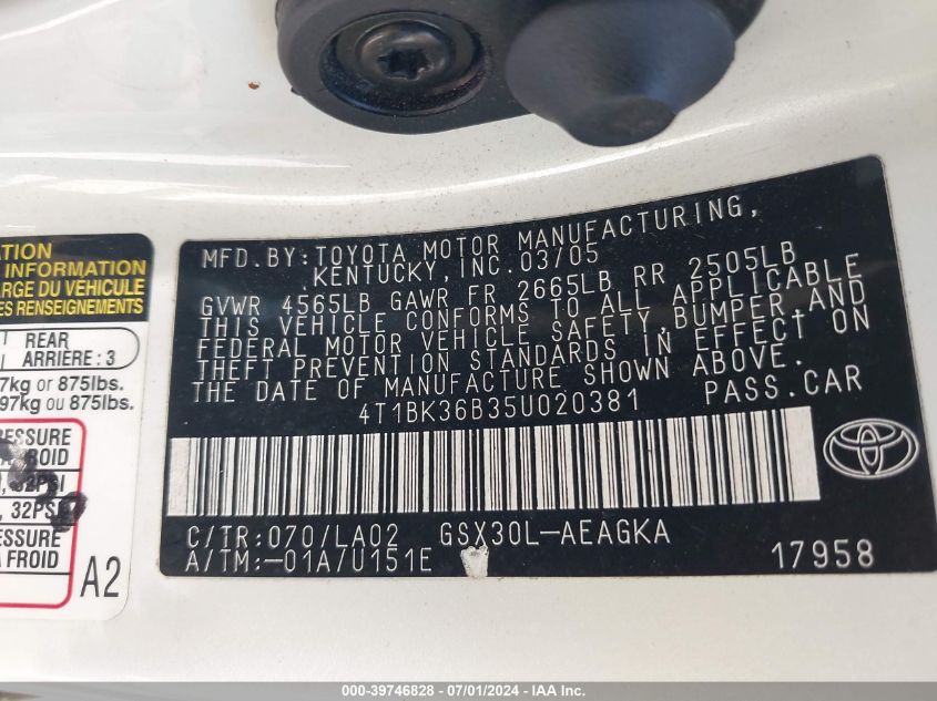 2005 Toyota Avalon Xls VIN: 4T1BK36B35U020381 Lot: 39746828