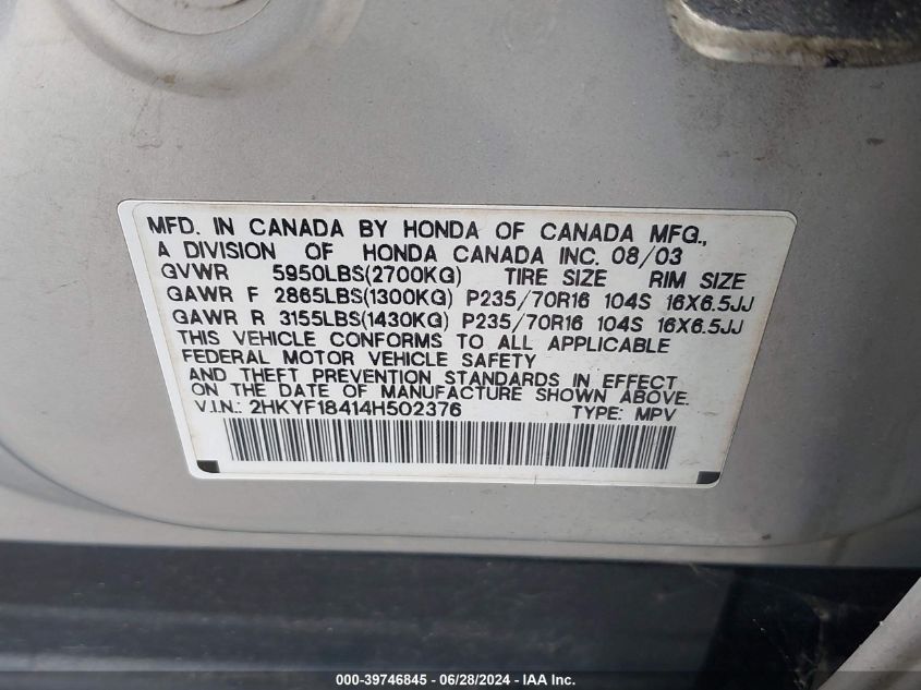 2004 Honda Pilot Ex VIN: 2HKYF18414H502376 Lot: 39746845