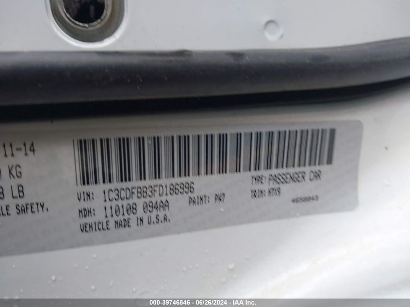 2015 Dodge Dart Sxt VIN: 1C3CDFBB3FD186996 Lot: 39746846