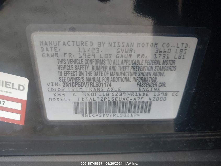 2024 Nissan Kicks Sr VIN: 3N1CP5DV7RL501174 Lot: 39746857