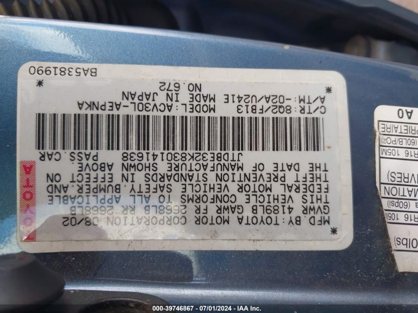 2003 Toyota Camry Le VIN: JTDBE32K830141638 Lot: 39746867