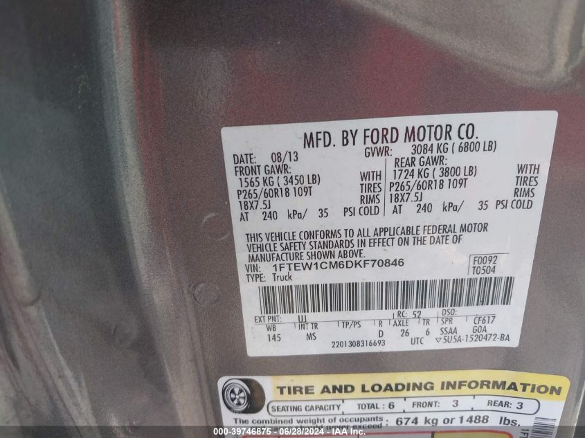 2013 Ford F-150 Xlt VIN: 1FTEW1CM6DKF70846 Lot: 39746875