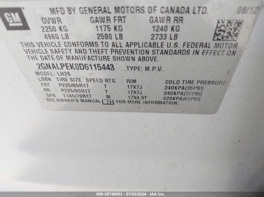 2013 Chevrolet Equinox Lt VIN: 2GNALPEK0D6115443 Lot: 39746883