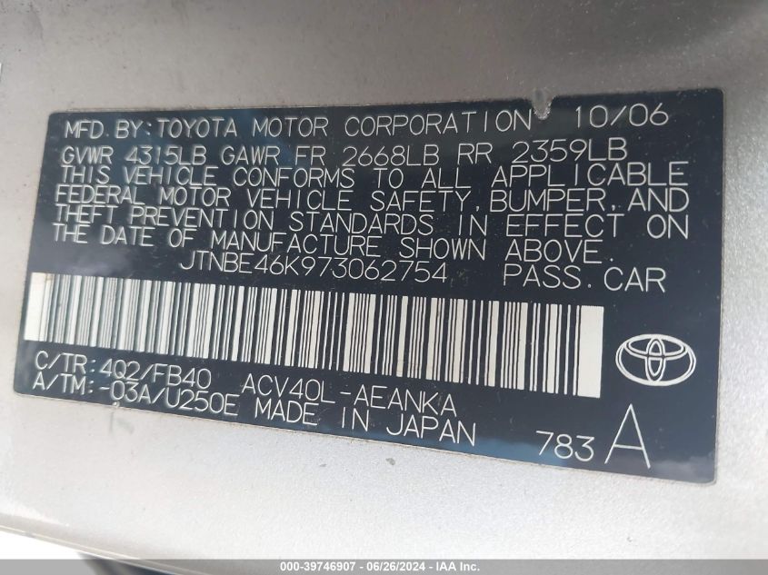 2007 Toyota Camry Le VIN: JTNBE46K973062754 Lot: 39746907