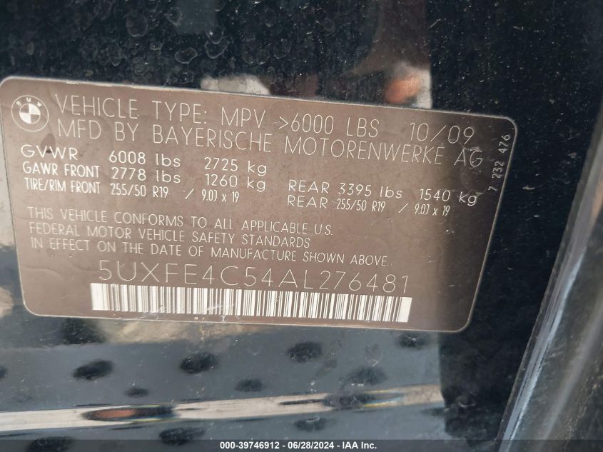 2010 BMW X5 xDrive30I VIN: 5UXFE4C54AL276481 Lot: 39746912
