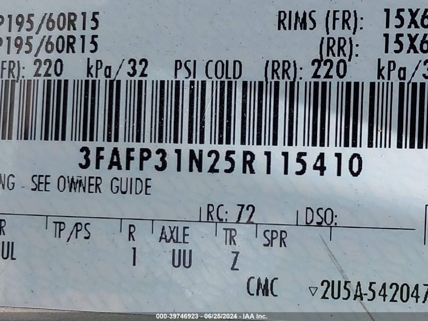 2005 Ford Focus Zx3 VIN: 3FAFP31N25R115410 Lot: 39746923