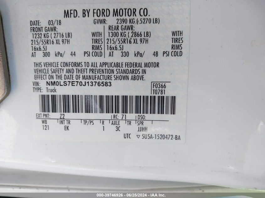 2018 Ford Transit Connect Xl VIN: NM0LS7E70J1376583 Lot: 39746926