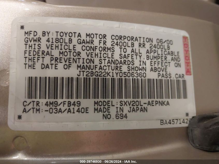 2000 Toyota Camry Le VIN: JT2BG22K1Y0506360 Lot: 39746930