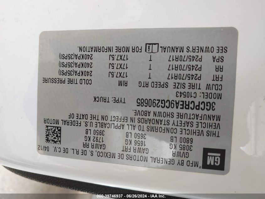 2012 Chevrolet Silverado 1500 C1500 Ls VIN: 3GCPCREA9CG290685 Lot: 39746937