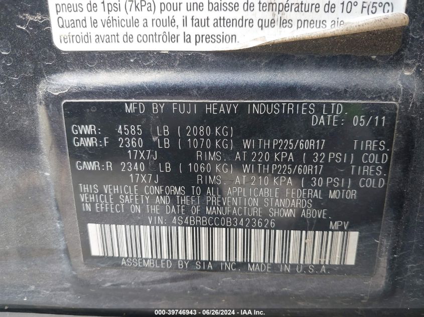 2011 Subaru Outback 2.5I Premium VIN: 4S4BRBCC0B3423626 Lot: 39746943