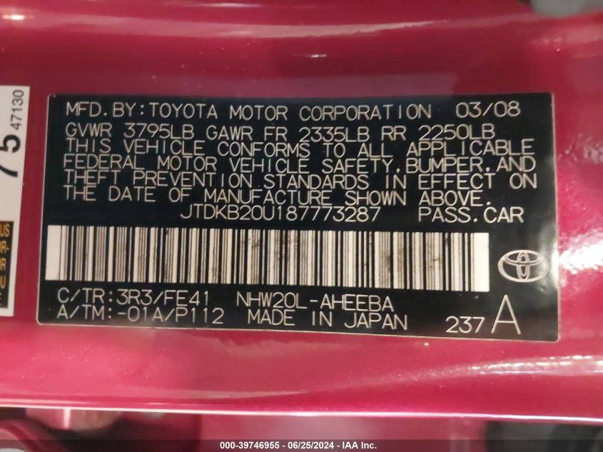 2008 Toyota Prius VIN: JTDKB20U187773287 Lot: 39746955