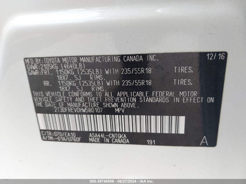 2017 Toyota Rav4 Platinum VIN: 2T3DFREV0HW580107 Lot: 39746956