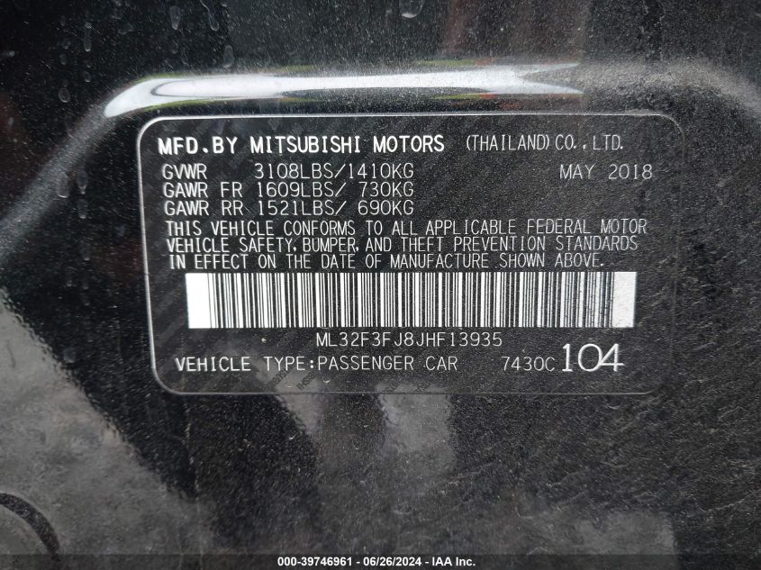 ML32F3FJ8JHF13935 2018 Mitsubishi Mirage G4 Es