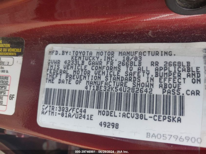 2004 Toyota Camry Le/Xle/Se VIN: 4T1BE32K54U282642 Lot: 39746981