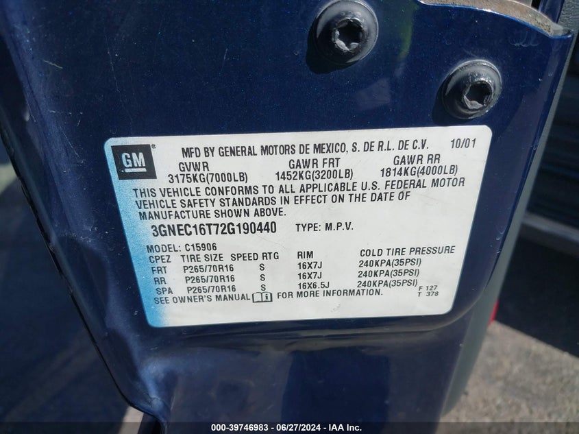 2002 Chevrolet Suburban 1500 Ls VIN: 3GNEC16T72G190440 Lot: 39746983