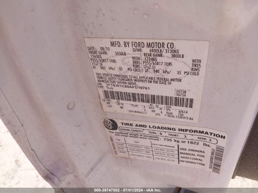 2010 Ford F-150 Fx2 Sport/Xl/Xlt VIN: 1FTEW1C85AFD19761 Lot: 39747002