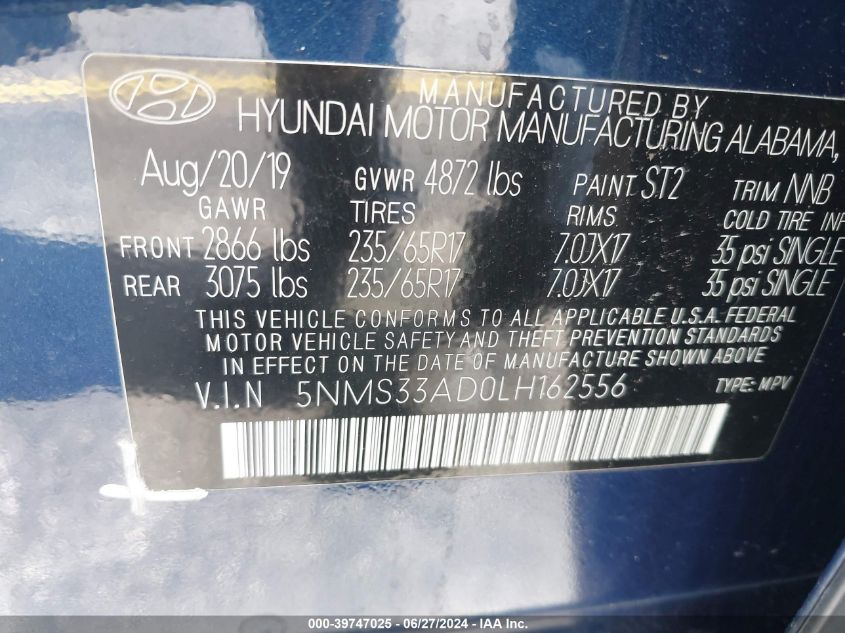 2020 Hyundai Santa Fe Sel VIN: 5NMS33AD0LH162556 Lot: 39747025