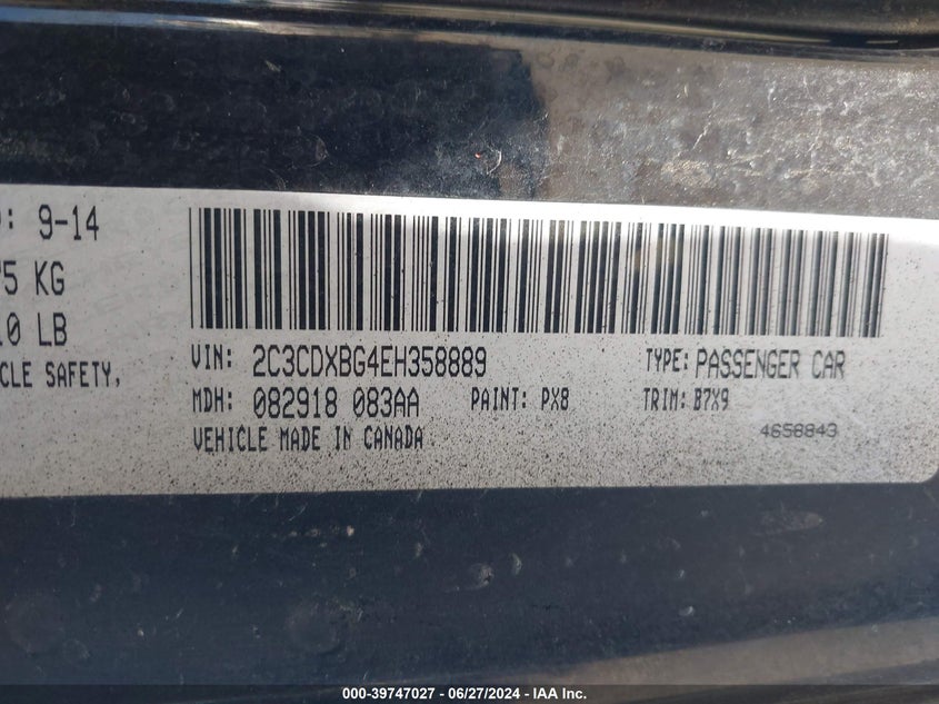 2014 Dodge Charger Se VIN: 2C3CDXBG4EH358889 Lot: 39747027