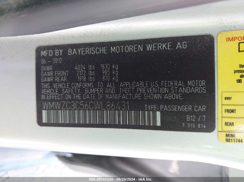 2012 Mini Cooper S Countryman VIN: WMWZC3C56CWL86431 Lot: 39747035