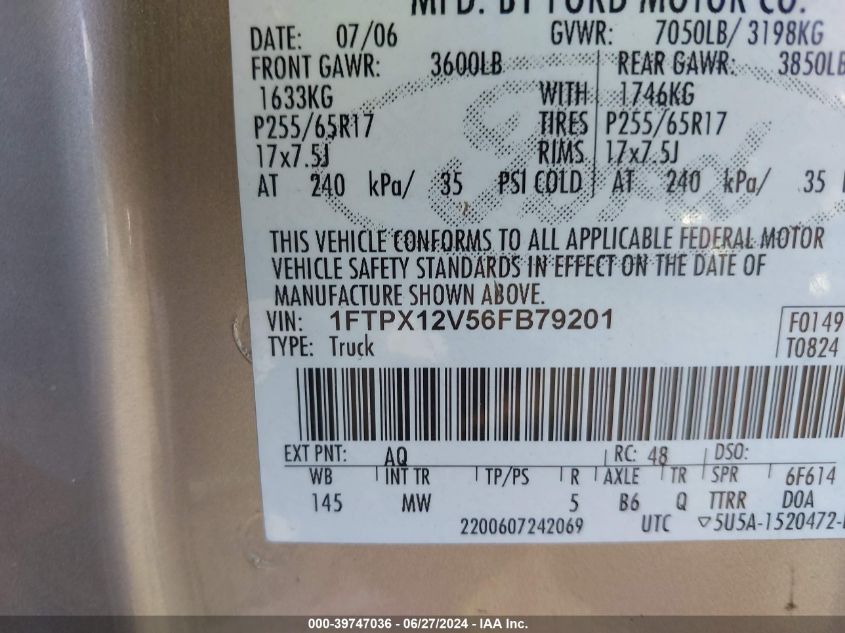 2006 Ford F150 VIN: 1FTPX12V56FB79201 Lot: 39747036
